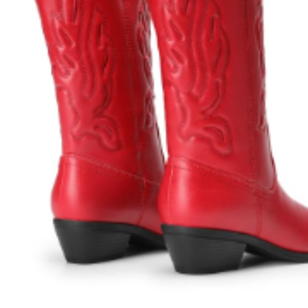 Women's Faux Leather Cowboy Boots with Embroidery Stitching - Picture 2 of 7
